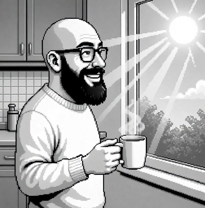 A grayscale illustration of a smiling bald man with glasses and a beard holding a coffee mug in a kitchen, looking out a bright window at the sun.