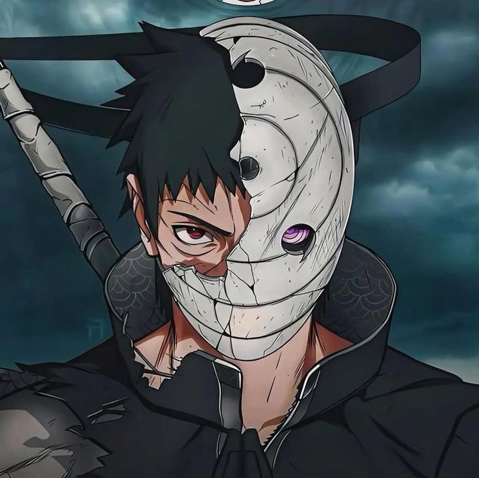 Anime artwork of a dark-haired character with a red eye, whose face is partially obscured by a large white spiral mask featuring a purple Rinnegan-style eye, set against a dark cloudy sky.