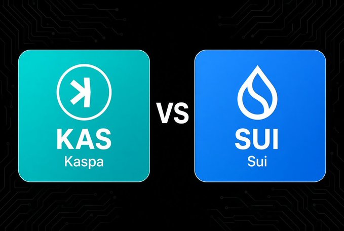 Comparison graphic showing 'KAS Kaspa' logo on teal and 'SUI Sui' logo on blue, separated by 'vs' on a black circuit board background.