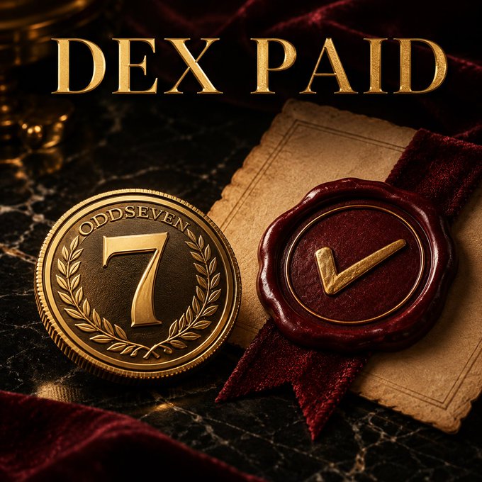 A gold "ODDSEVEN" coin marked with a "7" sits beside a crimson wax seal bearing a checkmark on aged parchment, beneath the bold golden text "DEX PAID," visually celebrating the token's confirmed listing. The coin, parchment, and seal of approval reinforce the post's triumphant announcement of ODDSEVEN's arrival on the Solana DEX.