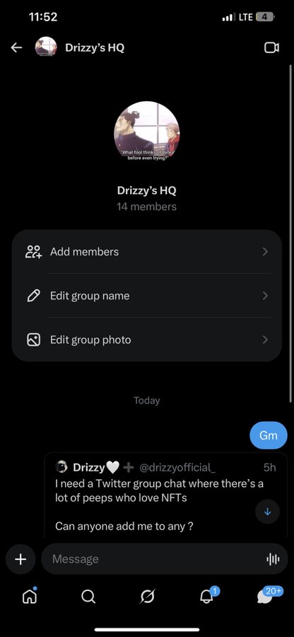 A screenshot of a Twitter DM group chat titled "Drizzy's HQ" with 14 members, where user Drizzy (@drizzyofficial) requests to be added to NFT-focused communities, supporting the post's offer to invite interested people into the active NFT group.