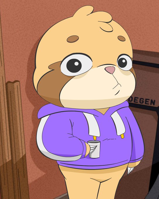 An animated cartoon character resembling a hamster or rodent wearing a purple hoodie, holding a small cup, with a slightly concerned expression in an indoor setting.