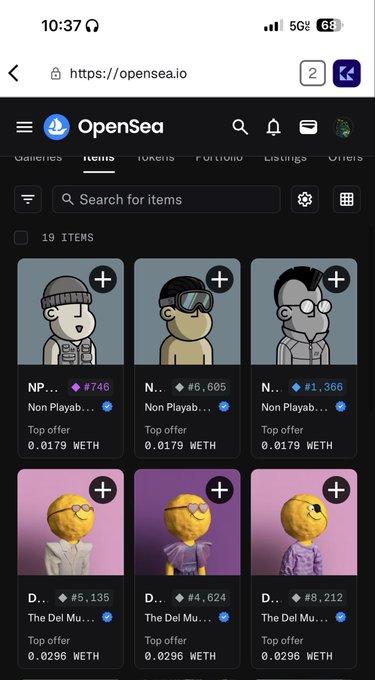A mobile screenshot of the OpenSea.io NFT marketplace displaying 19 items, including 'Non Playable' and 'The Del Mu...' NFT collections listed with prices in WETH.