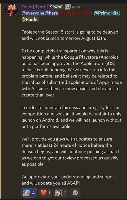 A Discord message from 'Tyler | Tcaff' announcing that Fableborne Season 5 launch is delayed due to the iOS App Store review still pending, while the Google Play approval went through.
