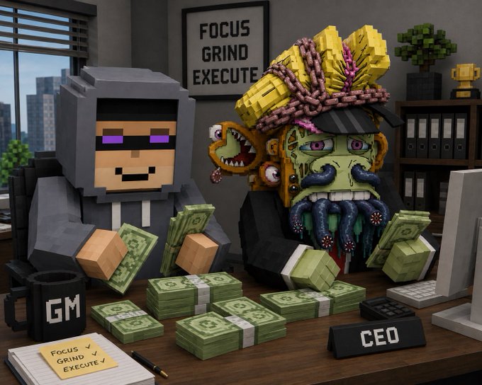 A 3D-rendered, cartoonish scene featuring a Minecraft-style character and a Cthulhu-like creature sitting at a desk labeled 'CEO' with stacks of cash, a 'GM' mug, and a 'FOCUS GRIND EXECUTE' sign.