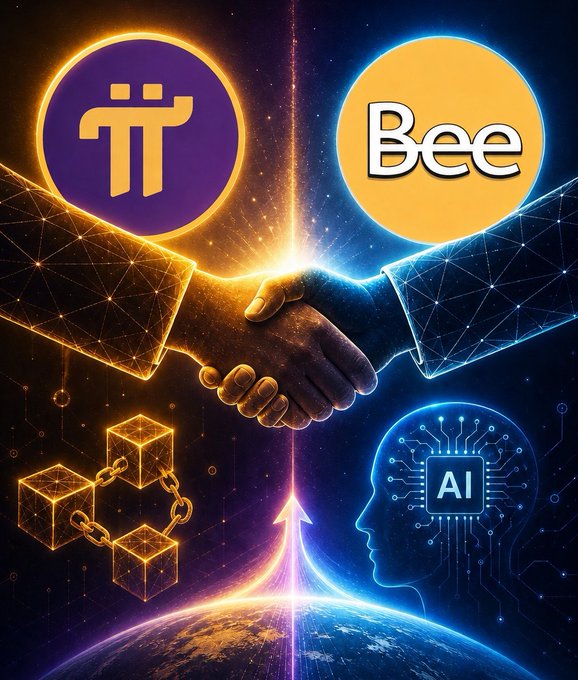 The image features two hands shaking hands over a globe, with the words "PI" and "BEE" written above them. The background of the image is dark blue, with a yellow circle containing the word "AI" positioned below the hands. The caption for this image reads: "Sometimes friendships and collaborations are necessary. $PI and $BEE".