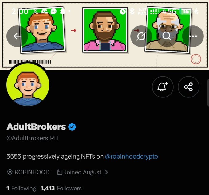 A social media profile screenshot for 'AdultBrokers' (@AdultBrokers_RH) with a blue verified checkmark, showing the banner '5555 progressively ageing NFTs on @robinhoodcrypto' above pixel-art character portraits depicting progressive aging, with 1 Following and 1,413 Followers.