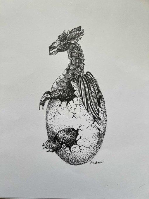 A detailed black and white pen-and-ink illustration of a baby dragon or dinosaur hatching from a cracked egg, with intricate stippling and feathered/furred textures, signed by the artist.