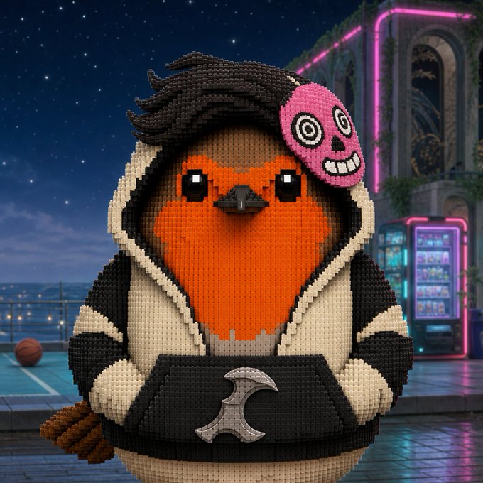 A LEGO-style penguin character with orange and white coloring, wearing a gray hoodie and a pink skull mask on its head, stands against a nighttime cityscape with neon lights.