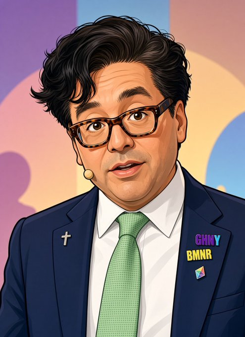 A cartoon-style illustrated portrait of a man with dark wavy hair and tortoiseshell glasses wearing a navy suit and green tie with "CHN" and "BMNR" pins on his lapel.