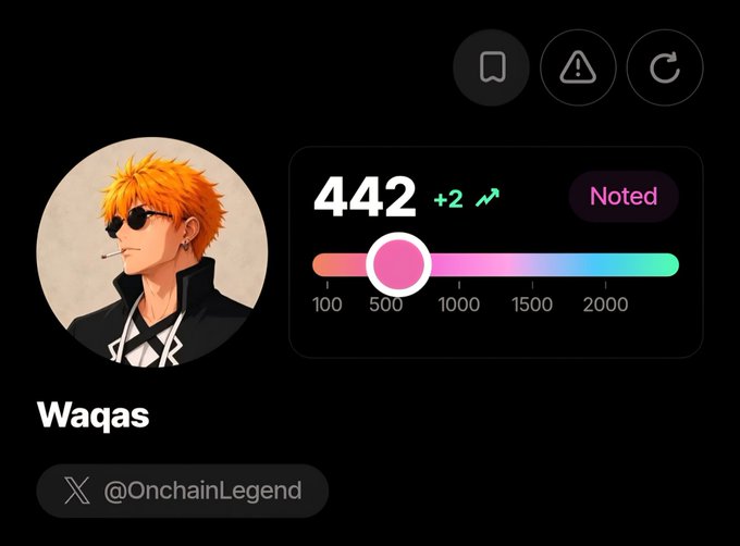 Profile screen showing an anime character avatar of a blonde man with sunglasses, username 'Waqas' with Twitter handle '@OnchainLegend', and a score of 442.