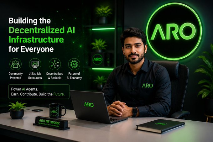 A man wearing a black "ARO" polo shirt sits at a desk with a matching "ARO" laptop, mug, and notebook, positioned in front of a large illuminated green "ARO" logo. The promotional graphic reads "Building the Decentralized AI Infrastructure for Everyone" with bullet points highlighting "Community Powered," "Utilize Idle Resources," "Decentralized & Scalable," and "Future of AI Economy," alongside the tagline "Power AI Agents. Earn. Contribute. Build the Future." The image visually reinforces the post's theme of DePIN (Decentralized Physical Infrastructure Networks) as the missing piece enabling ownership and participation in the AI revolution through community-driven infrastructure.