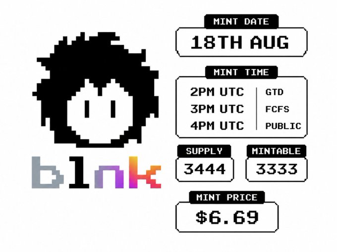 Pixelated character avatar named "blink" announcing an 18th Aug mint with supply 3444, mintable 3333, mint price $6.69, and times 2PM/3PM/4PM UTC.