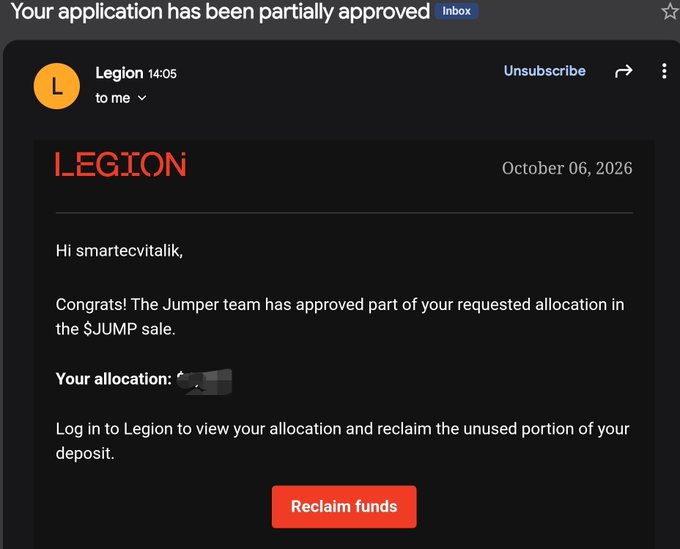 An email from Legion dated October 06, 2026, notifying user "smartecvitalik" that their $JUMP sale allocation request was partially approved, though the specific allocation amount is redacted with a censor bar. The image illustrates the user's disappointment at receiving a smaller-than-expected allocation from the Jumper $JUMP ICO, with a "Reclaim funds" button visible at the bottom.