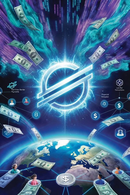 A vibrant digital illustration features the Stellar Lumens (XLM) logo at its center, glowing with electric blue energy amid floating US dollar bills, dollar signs, and network connection icons. Below, a stylized globe with a "$-key" symbol and avatars of connected users represents the global, low-cost cross-border payment network that Stellar enables.