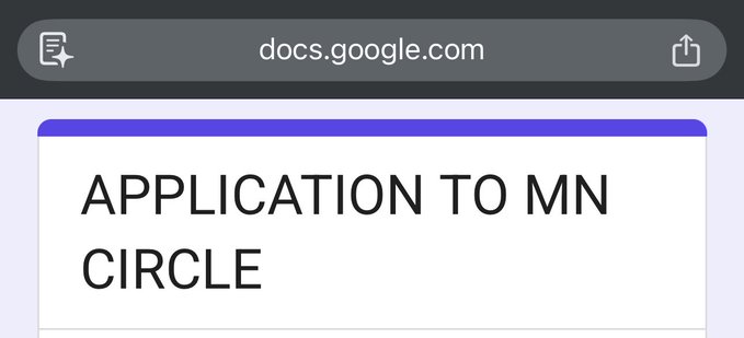 The image is a cropped screenshot of a Google Docs page (shown via the browser address bar "docs.google.com") with the heading "APPLICATION TO MN CIRCLE," indicating an open application form for users to join the "MN Circle" NFT community mentioned in the post.