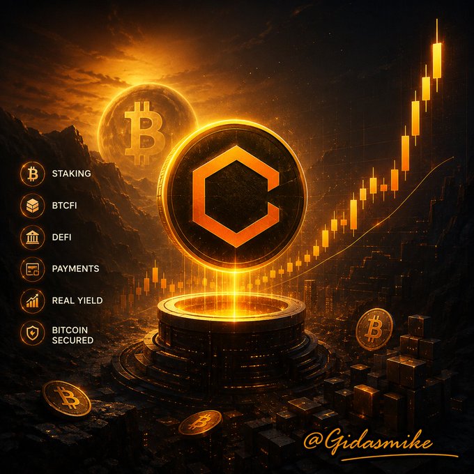 A dramatic crypto-themed digital artwork featuring a glowing Bitcoin emblem and coin platform with menu options for STAKING, BTCFI, DEFI, PAYMENTS, REAL YIELD, and BITCOIN SECURED, branded with @Gidasmike.