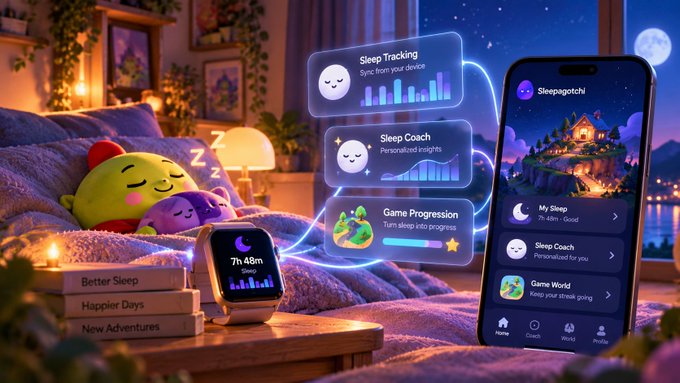 A promotional image for the 'Sleepagotchi' sleep tracking app showing a smartwatch displaying '7h 48m' next to a smartphone app interface and floating feature cards for Sleep Tracking, Sleep Coach, and Game Progression.