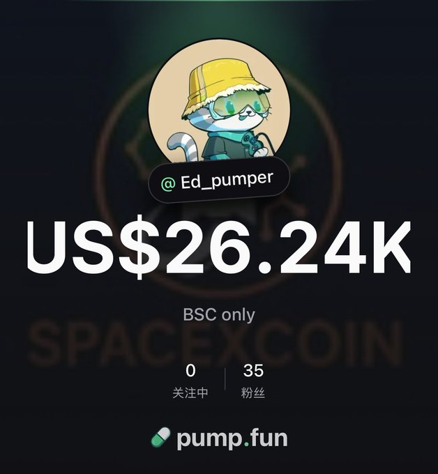 The image shows a pump.fun profile card for user "@Ed_pumper" featuring a cartoon cat mascot in a yellow bucket hat and sunglasses, displaying a portfolio value of "US$26.24K" with "BSC only" and the #SpaceXcoin ticker visible in the background. The card shows 0 following and 35 followers, illustrating the promotional claim of earning easy money on BSC through the PumpApp by catching the #SpaceXcoin token.
