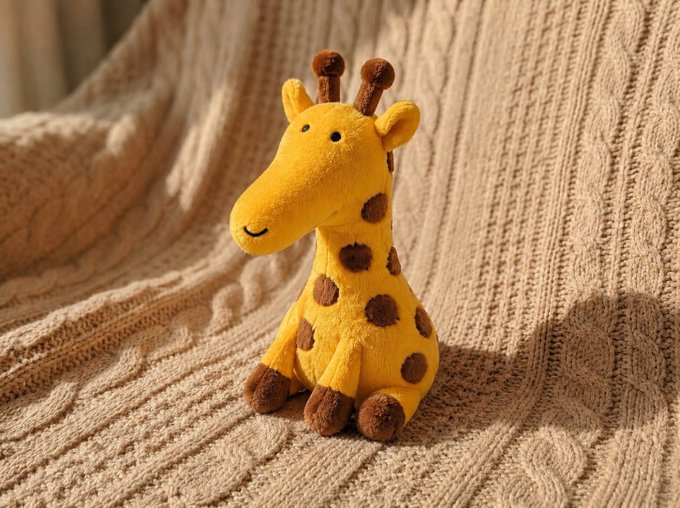A photograph of a yellow stuffed giraffe with brown spots sitting on a textured beige knitted blanket.