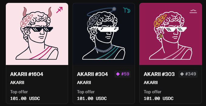 Three NFT listings on a marketplace showing AKARII #1604, #304, and #303 bust illustrations with sunglasses and laurel wreaths, all priced at 101.00 USDC as top offers.