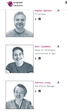 A webpage from 'longhash ventures' displaying team members including Raghav Agarwal (Principal), Amir Izaddeen (Head of Strategic Initiatives & Ops), and Emerson Liang (Portfolio Manager) with their headshots.