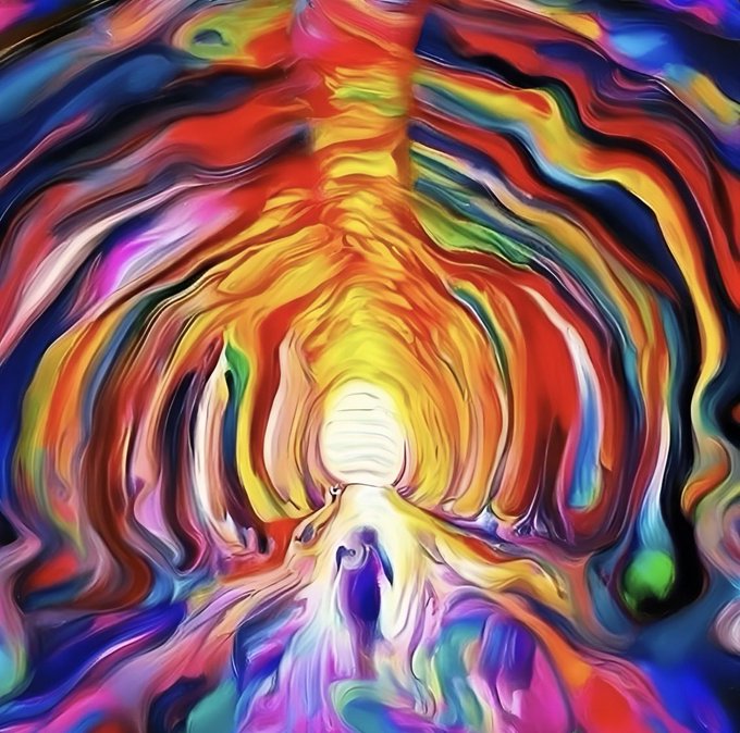 A vibrant, abstract digital artwork featuring a luminous, ethereal figure radiating warm golden and orange light from within, surrounded by swirling waves of bold reds, blues, pinks, and purples—evoking a sense of inner strength and emotional intensity that embodies the theme of "Courage."