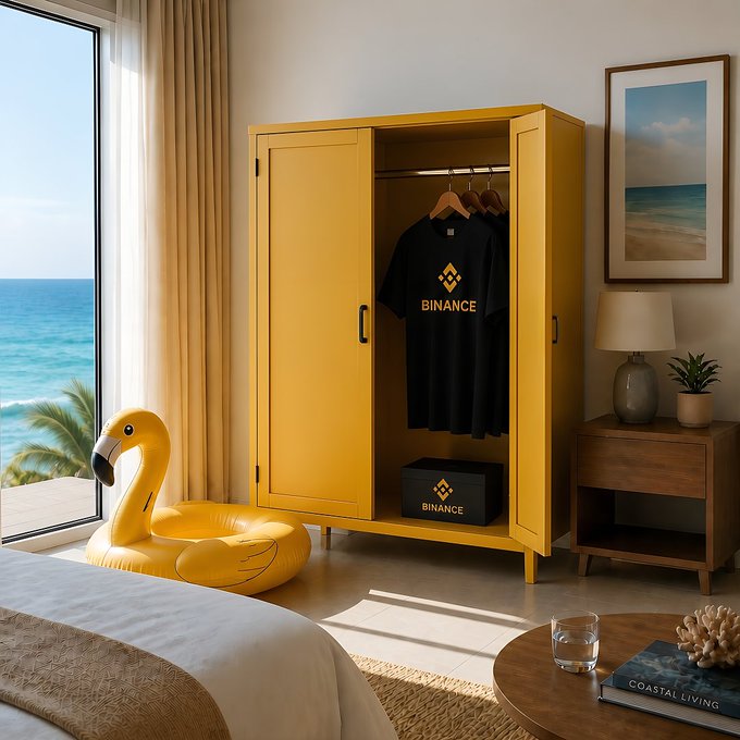 A yellow wardrobe branded with "BINANCE" displays black Binance-logo t-shirts and a matching storage box, set in a sunlit coastal bedroom featuring a flamingo float, ocean view, and a "COASTAL LIVING" book—merging beachside relaxation with branded crypto merchandise.