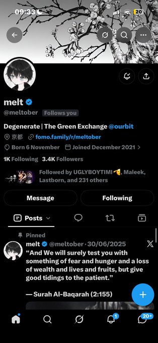 A social media profile page for user 'melt' (@meltober), featuring an anime-style profile picture and a pinned post with a quote from Surah Al-Baqarah (2:155).