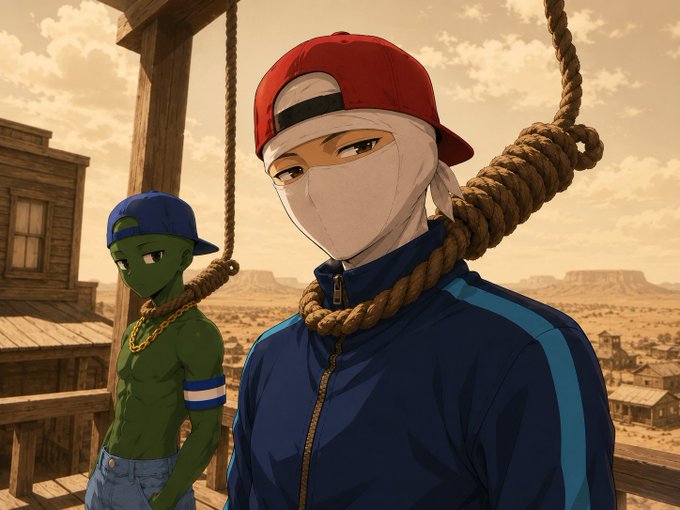 An anime-style illustration depicting two characters in a Western desert setting—one green-skinned wearing a blue cap, and another wearing a red cap, white mask, and blue jacket with a noose around their neck.