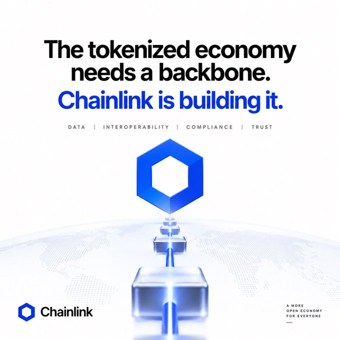 A promotional graphic for Chainlink featuring the text 'The tokenized economy needs a backbone. Chainlink is building it.' along with pillars 'DATA | INTEROPERABILITY | COMPLIANCE | TRUST' above a blue hexagonal logo.