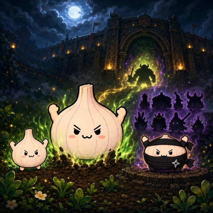 A fantasy-themed illustration features cute kawaii garlic characters in the foreground, with a dark castle gate in the background revealing a menacing horned villain silhouette, accompanied by character lineup silhouettes on the right side.