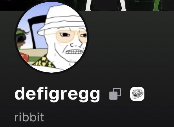 A Discord profile for 'defigregg' with the status 'ribbit' and a profile picture of a wojak-style character.