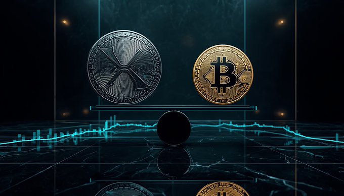 A 3D render displaying a silver XRP coin and a gold Bitcoin coin floating above a dark reflective surface with a blue glowing chart graph beneath them.