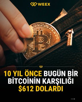 A promotional graphic from WEEX showing a hand pulling a Bitcoin coin from a wallet, with Turkish text reading '10 YIL ÖNCE BUGÜN BİR BİTCOİNİN KARŞILIĞI $612 DOLARDI' (10 years ago today, one Bitcoin was worth $612).