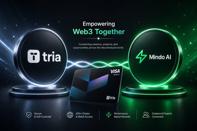 The image features two black circles with white text, one of which says "TRIA" while the other reads "@useTria One of the biggest barriers to Web3 adoption has never been the technology itself it's the user experience". The circles are placed on a dark background and have green lights surrounding them.