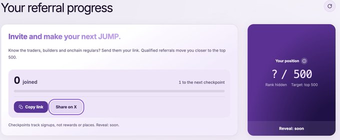 A screenshot of a digital 'referral progress' dashboard showing '0 joined' out of 500 with 'Rank hidden' and options to copy or share a link.