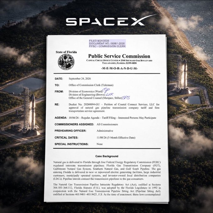 A SpaceX promotional graphic featuring a Florida Public Service Commission memo dated September 24, 2026, about a natural gas pipeline company tariff, overlaid on an aerial image of a SpaceX facility.