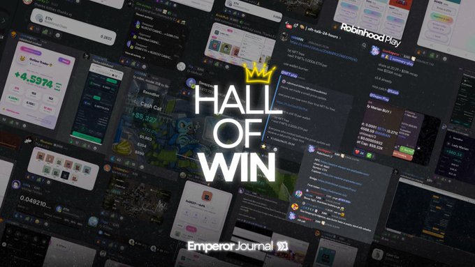 A collage of screenshots featuring a "Hall of Win" badge over various trading achievements including a Robinhood Play return of "+4.5974 ETH" (worth $17,111.02) and other notable gains like $5,329, showcasing the successful early calls mentioned in the post about @RobinhoodApp, LadyMarian, Robinhood Kitties, and CashCat.