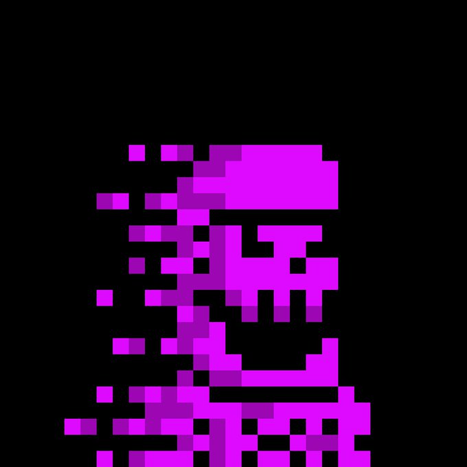 A pixelated, glitch-art style image showing fragmented magenta/purple blocks scattered against a black background.