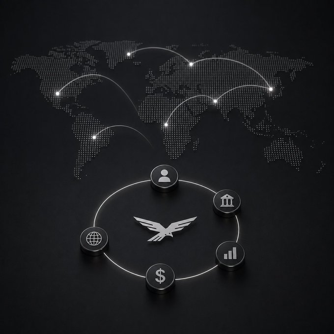 A dark, stylized world map with glowing connection lines linking various global points, positioned above circular icons representing people, banking, finance, and data, with an eagle emblem at the center symbolizing global connectivity and finance.