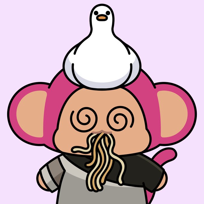 A cartoon illustration shows a monkey-like character with pink ears, hypnotic spiral eyes, and noodles hanging from its mouth, topped with a white duck-shaped figure.