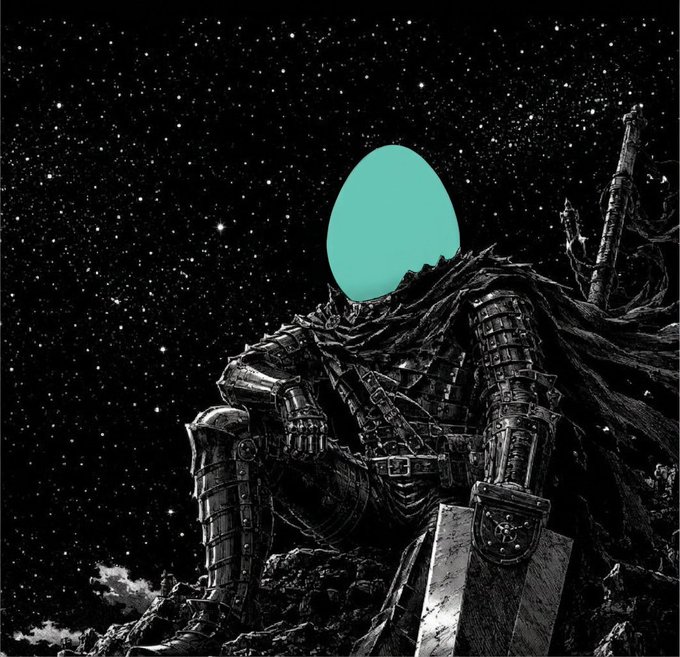 A lone knight sits on a rocky outcrop under a starry night sky, his face obscured by a teal egg-shaped head, holding a sword beside him—visually embodying the solitary, unmatched nature implied by "there is no second best."