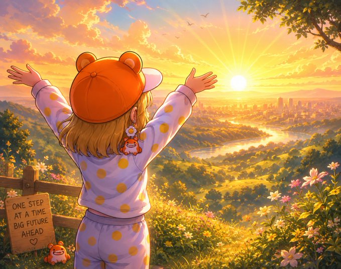An anime-style illustration of a girl with an orange bear hat and polka-dot pajamas standing with arms outstretched toward a sunset, beside a wooden sign reading 'ONE STEP AT A TIME BIG FUTURE AHEAD.'
