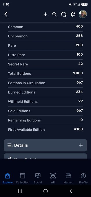 The image shows a phone screen with a list of items, including "Common Uncommon Rare Ultra Rare Hidden Editions Sold Edition First Available Edition Details". The phone's screen displays various options for exploring and interacting with the content. There are also social media icons visible on the right side of the screen.