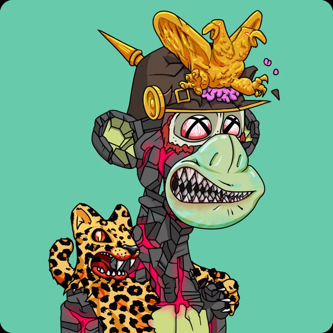 A stylized digital illustration of an ape-like character wearing a spiked helmet adorned with a golden eagle, holding a fierce leopard, set against a solid teal background.