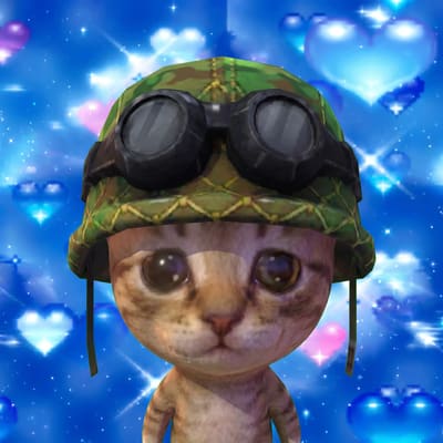A 3D-rendered, wide-eyed orange tabby cat character wearing a green patterned beanie and black goggles, set against a sparkly blue background with floating heart shapes.