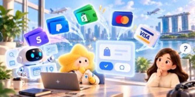 A bright, stylized financial-tech scene shows a woman, a robot, and a star mascot using a laptop beneath floating payment and account icons, including “VISA” and currency cards. The visual supports the post’s message about Starryblu’s 1:1 USDC-to-USD conversion, multi-currency account management, and everyday transfers.