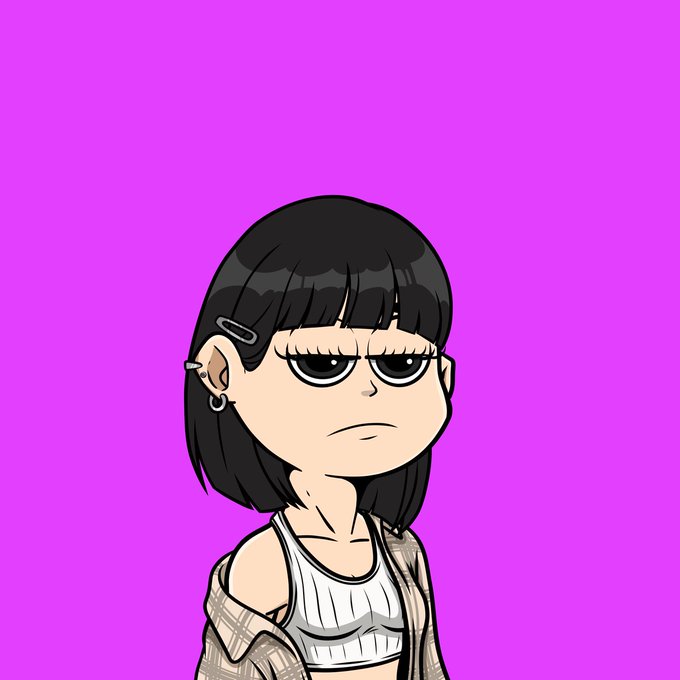 The image features a cartoon girl with short hair wearing glasses and a white shirt. She has a serious expression on her face as she looks directly at the camera. The background of the image is purple, which contrasts with the girl's appearance. There are no texts or other objects in the image, making it a simple and clean composition that focuses solely on the cartoon character.