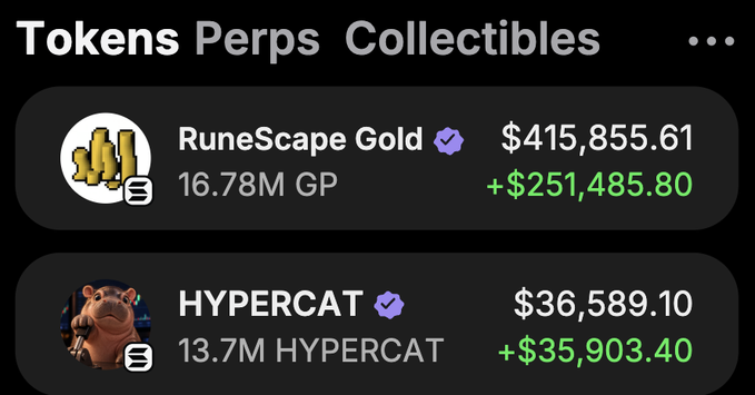 A cryptocurrency portfolio shows RuneScape Gold valued at $415,855.61 (+$251,485.80) and HYPERCAT at $36,589.10 (+$35,903.40) under 'Tokens Perps Collectibles'.